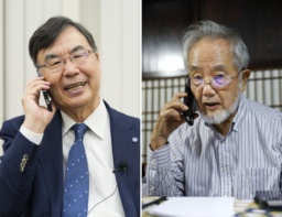 ノーベル生理学・医学賞の受賞が決まり、東京科学大の大隅良典栄誉教授(右)と電話対談する大阪大の坂口志文特任教授=6日夜
