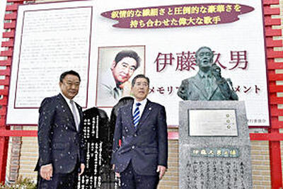 伊藤の功績を紹介するパネルを除幕した高松市長（左）と門馬実行委員長