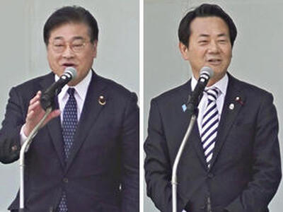 会津若松市で開かれたイベントであいさつした小熊氏（右）と菅家氏（左）。国会が事実上閉幕し、衆院選に向けて地元行脚が本格化している