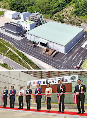飯舘村に完成した飯舘みらい発電所（写真上）テープカットする梶山社長（左から４人目）ら（写真下）