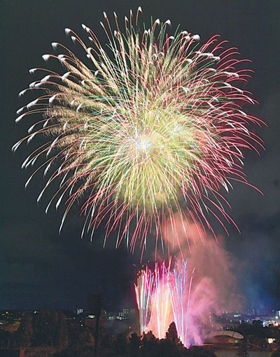 郡山市制施行１００年を記念して商都の夜空を彩った祝賀花火＝１６日午後、郡山市