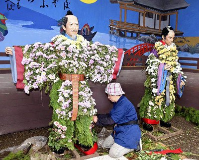 １０日の開幕を控え、菊着けに取り組む菊師