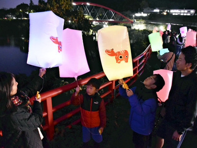 赤べこをモチーフにしたランタンを夜空に浮かべる来場者たち＝３日午後、柳津町