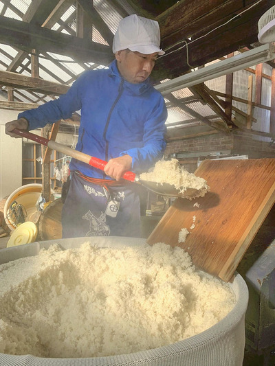 蒸した米を機械に入れ、こうじを付ける作業をする私。米こうじの良しあしでみその品質も変わってくるくらいすごく大事な作業だ