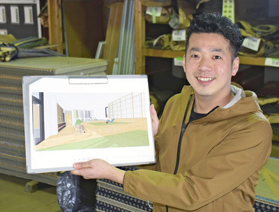 自社工場に整備する畳ビレッジのイメージ図と私。思う存分畳に触れることができる空間をつくりたい