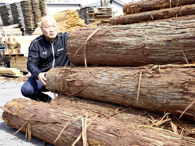 木材を見つめる私。「やる気！　元気！　かがやき！」を掲げ、会社や地域が元気になるよう奔走している
