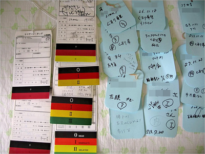 左側に写っているのが、市販されているトリアージ・タッグ。すぐに在庫は底を突き、右側のような代用のタッグを手作りした（画像の一部を加工しています）