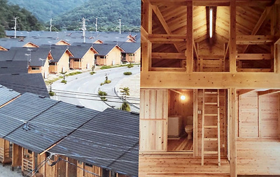 いわき市高久に建設された板倉構法を活用した仮設住宅（左）。佐久間建設工業としては大規模なプロジェクトだった。右は内部