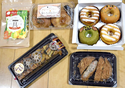 完成した（左上から時計まわりに）ＩＢＡＲＡＫＩの具、パンプキンシュー＆レンコンきなこシュー黒蜜添え、あにまるベジドーナツ、野菜たっぷりメンチカツ、れんこんちぢみ