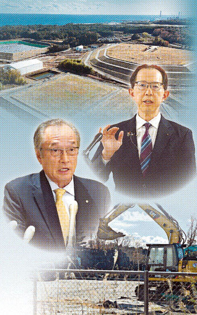 県内での再生利用を巡る伊沢町長（左）の発言は波紋を呼んだが、県内首長に同調の動きは見られない。内堀知事も賛否は示しておらず、静観する県の姿勢には変化を求める声もある