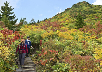 土平周辺の山肌を赤や黄色に彩る紅葉＝３０日午後