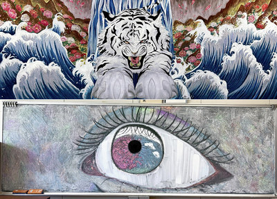 エリア賞に輝いた会津学鳳高の「猛勢の華」（上）とアイデア賞を受賞した中央台南中の「目一杯に映る春」（下）