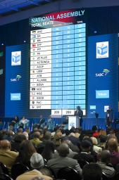 　南アフリカ・ヨハネスブルク近郊の総選挙開票センターで発表された各党の議席数＝２日（共同）