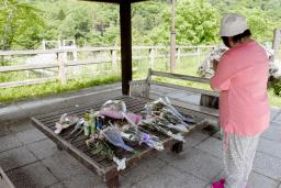 　北海道留萌市の女子高生の殺害現場となった、旭川市の神居古潭地区にあるつり橋付近で手を合わせる女性＝１５日午後