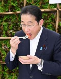 　トマトを試食する岸田首相＝２９日午後、山梨県北杜市（代表撮影）