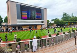 　レース中断中、パドックに入り楽しむ競馬ファン＝２７日、新潟競馬場