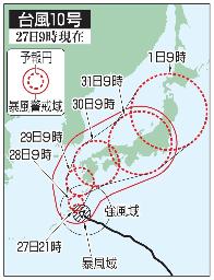 　台風１０号の５日先予想進路（２７日９時現在）