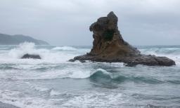 　台風１０号の影響で荒波が打ち寄せる宮崎県日南市の海岸＝２７日午後３時３１分