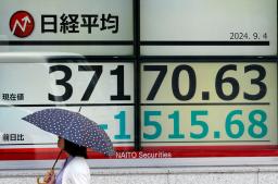 　下げ幅が一時１５００円を超えた日経平均株価を示すモニター＝４日午前、東京都中央区