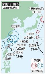 　台風１７号、１８号の５日先予想進路（３０日９時現在）