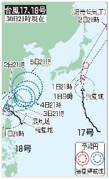 　台風１７号、１８号の５日先予想進路（３０日２１時現在）