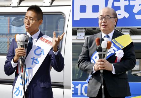 　富山県知事選が告示され、出発式で決意を述べる百塚怜氏（左）と、第一声を上げる新田八朗氏＝いずれも１０日午前、富山市