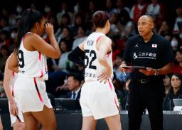 　選手に声をかけるゲインズ監督（右）＝豊田合成記念体育館