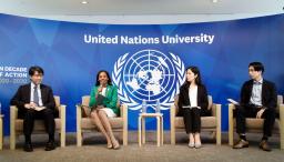 　中南米・カリブ諸国の核軍縮の取り組みを振り返るセミナーで発言するジャマイカのリチャーズ大使（左から２人目）＝９日午前、東京都渋谷区