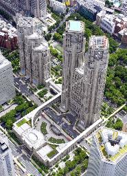 　東京都庁舎と都議会議事堂（左下）