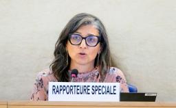 　３日、国連人権理事会で話すアルバネーゼ特別報告者＝スイス・ジュネーブ（共同）
