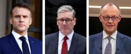 　フランスのマクロン大統領、スターマー英首相、ドイツのメルツ首相（いずれもロイター＝共同）