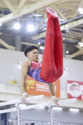 　平行棒で優勝した角皆友晴＝エスフォルタアリーナ八王子