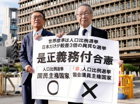 　「１票の格差」訴訟の判決を受け、大阪高裁前で「是正義務付合憲」などと書かれた紙を掲げる原告側の升永英俊弁護士（右）ら＝２４日午後