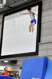 　トランポリンの世界選手権に向けた試技会で演技する宮野隼人＝東京都内