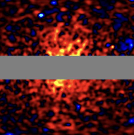 　天の川銀河周辺から届いたガンマ線の観測画像。中央の帯はノイズが大きく分析から除外された部分（戸谷友則東大教授提供）